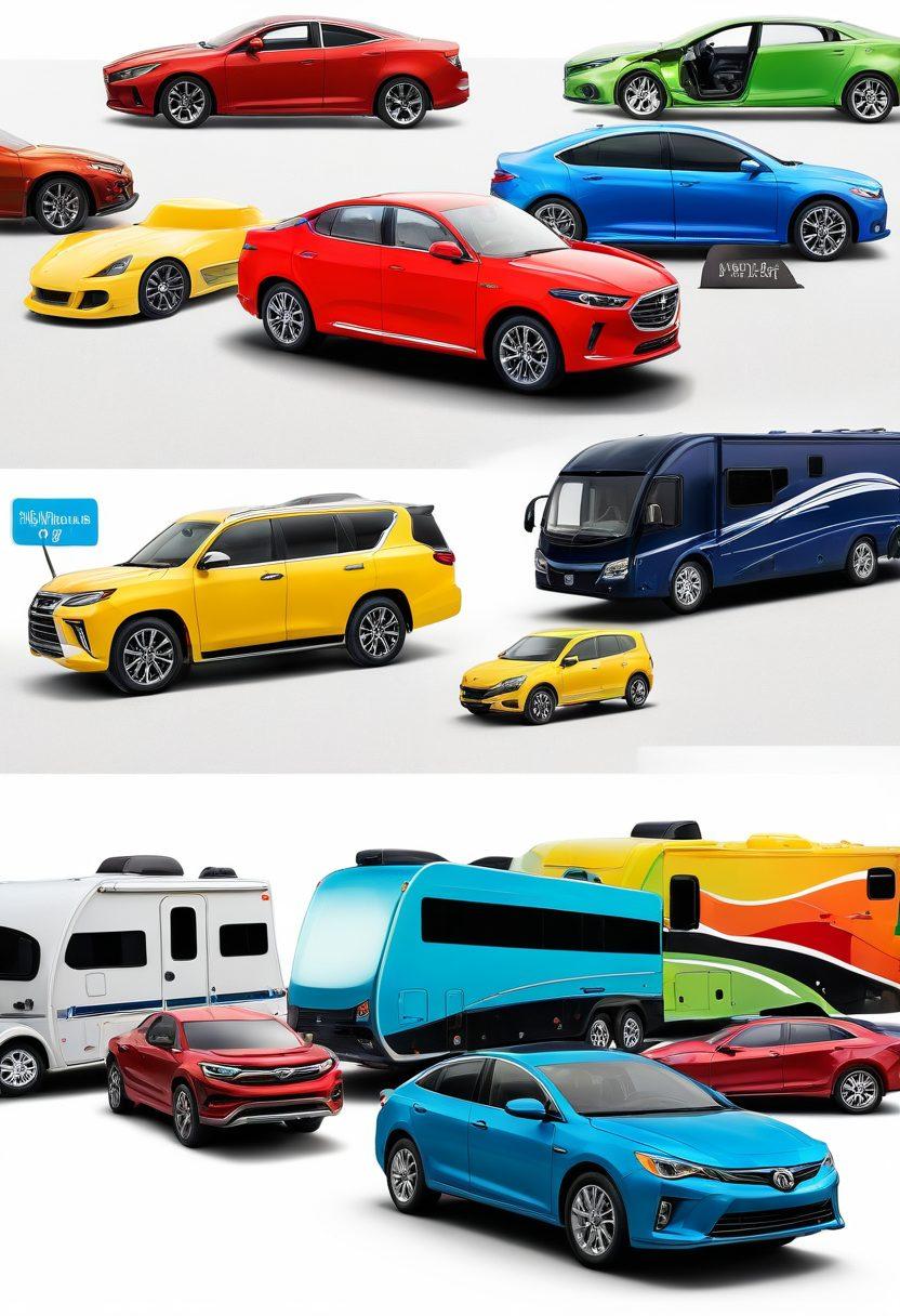 A collage of diverse vehicles, including a car, motorcycle, and RV, surrounded by pricing tags illustrating affordability. In the background, a friendly insurance agent discussing options with a smiling customer, symbolizing trust and clarity. The setting should be bright and welcoming, suggesting peace of mind in vehicle protection. super-realistic. vibrant colors. white background.