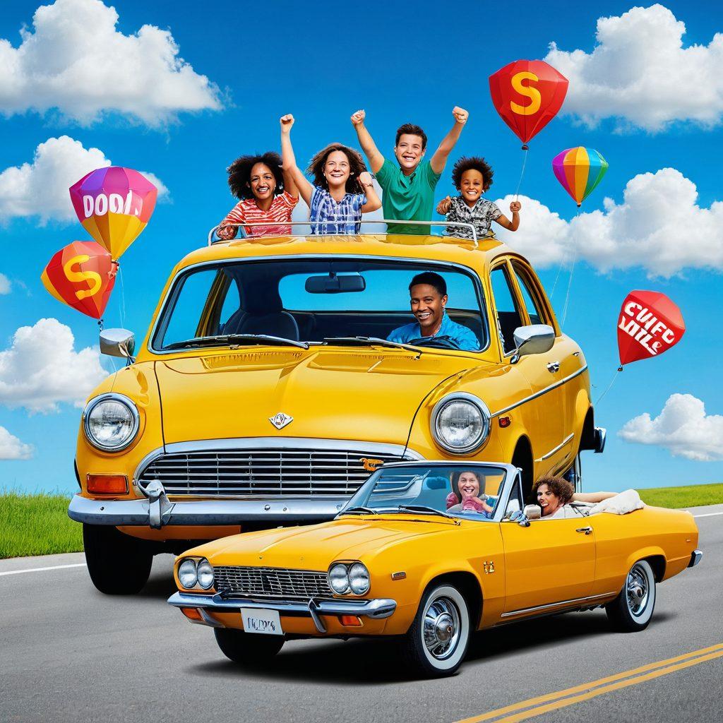 A visually engaging collage featuring a happy family driving an affordable car, surrounded by various icons symbolizing cheap auto insurance options, like dollar signs, shields, and checkmarks. The background is a bright blue sky with fluffy clouds to evoke a feeling of safety and freedom. Use vibrant colors to make the elements pop while ensuring the composition is friendly and inviting. super-realistic. vibrant colors. white background.
